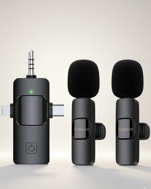 Fliq Wireless Mic Duo Pro with two clip-on mics and 3-in-1 receiver