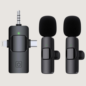 Fliq Wireless Mic Duo Pro complete set showing transmitters and receiver ports